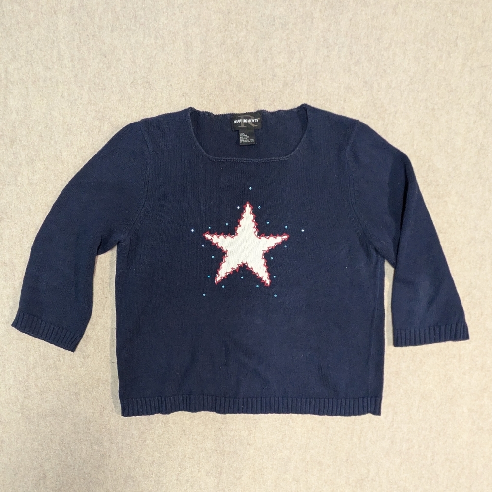 Requirements Navy 3/4 Sleeve Lightweight Knitted Sweater w/ Star Design Sz Large
